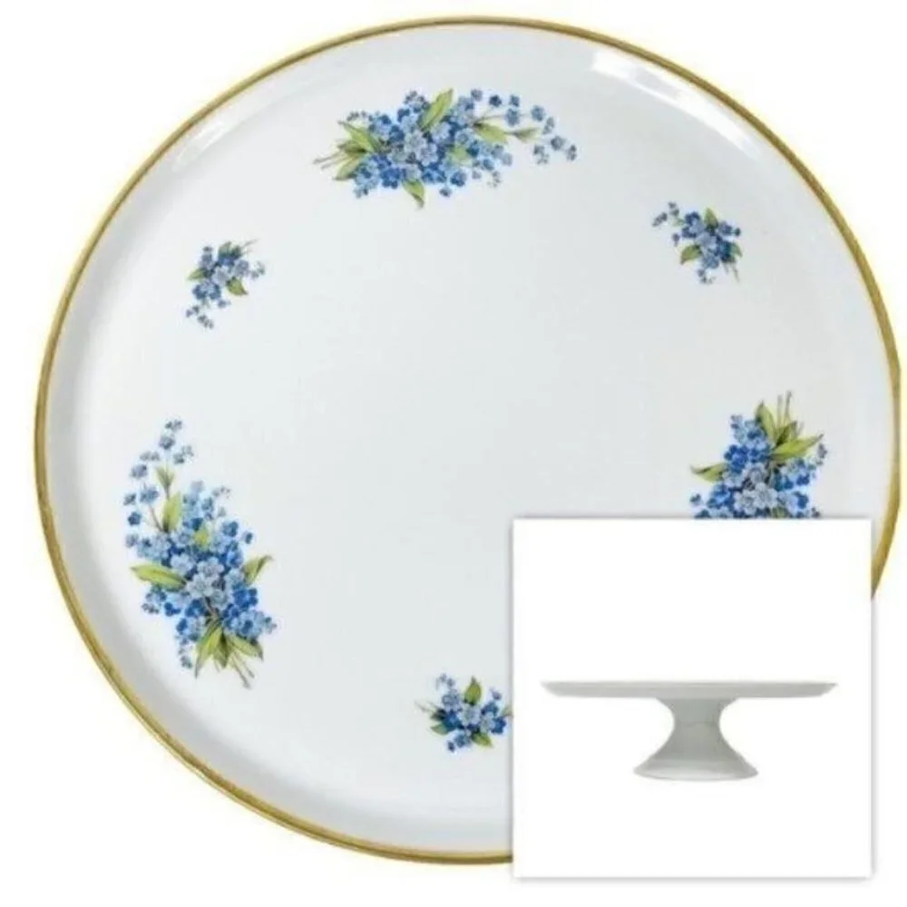 Tharaud Limoges Made in France footed  cake stand blue forget me nots 12.5” X 4”
